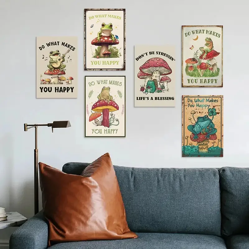 [JIT]8X12 Inch 6 Fun Frog Mushroom Tagline Iron Plate Wall Decoration, Retro Do What You Like Metal Logo for Family Bedroom Cafe