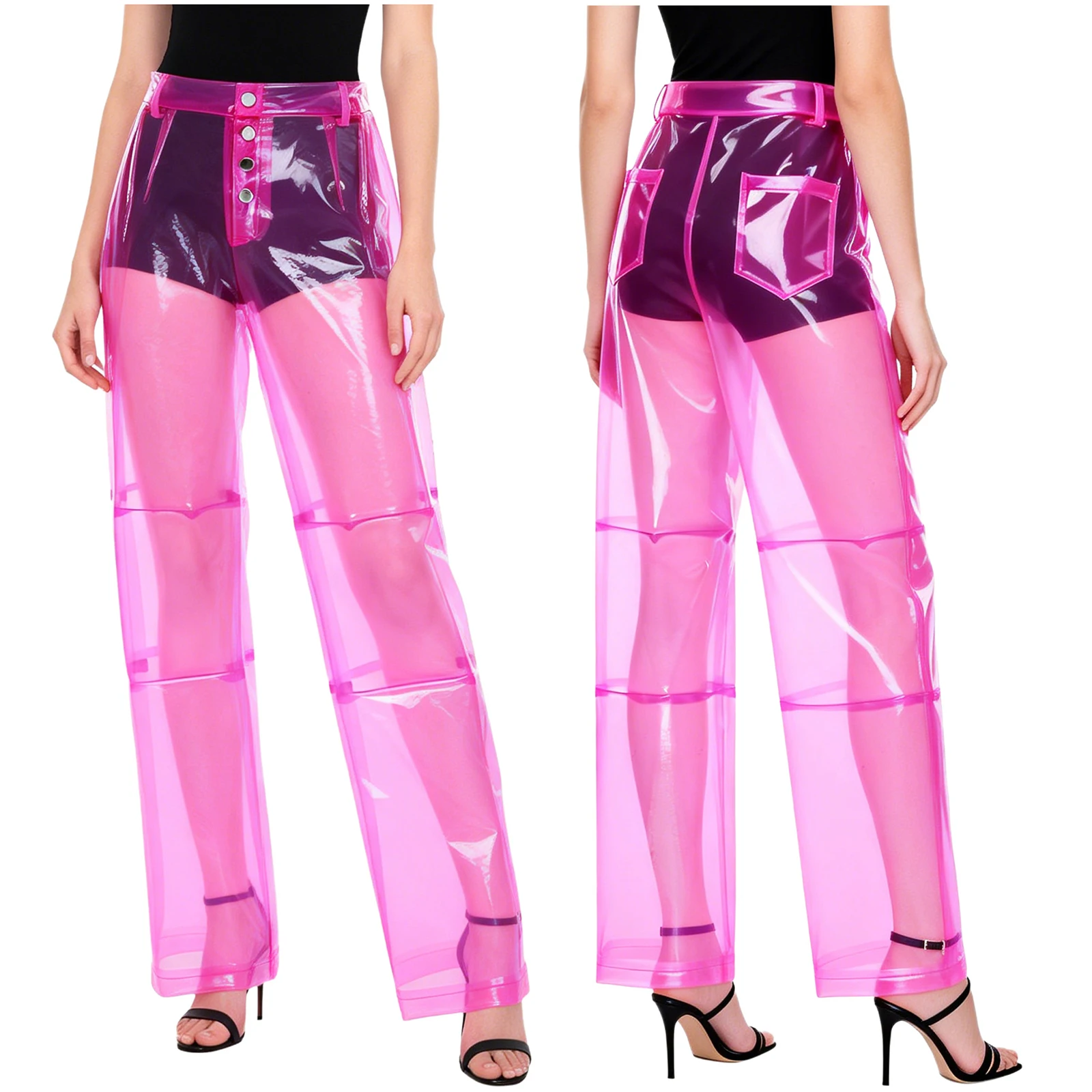 Damen-PVC-Hose mit Knopfleiste, Gesäßtaschen, weitem Bein und geradem Schnitt, transparente Überhose für Party, Tanz und Abschlussball