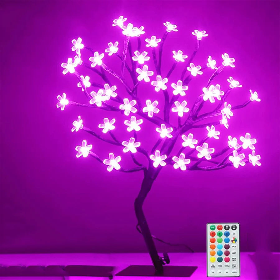 48 LED RGB Cherry Blossom Tree Light with Remote 16 Color LED Artificial Flower Bonsai Tree Table Lamp For Valentine\'s day Decor