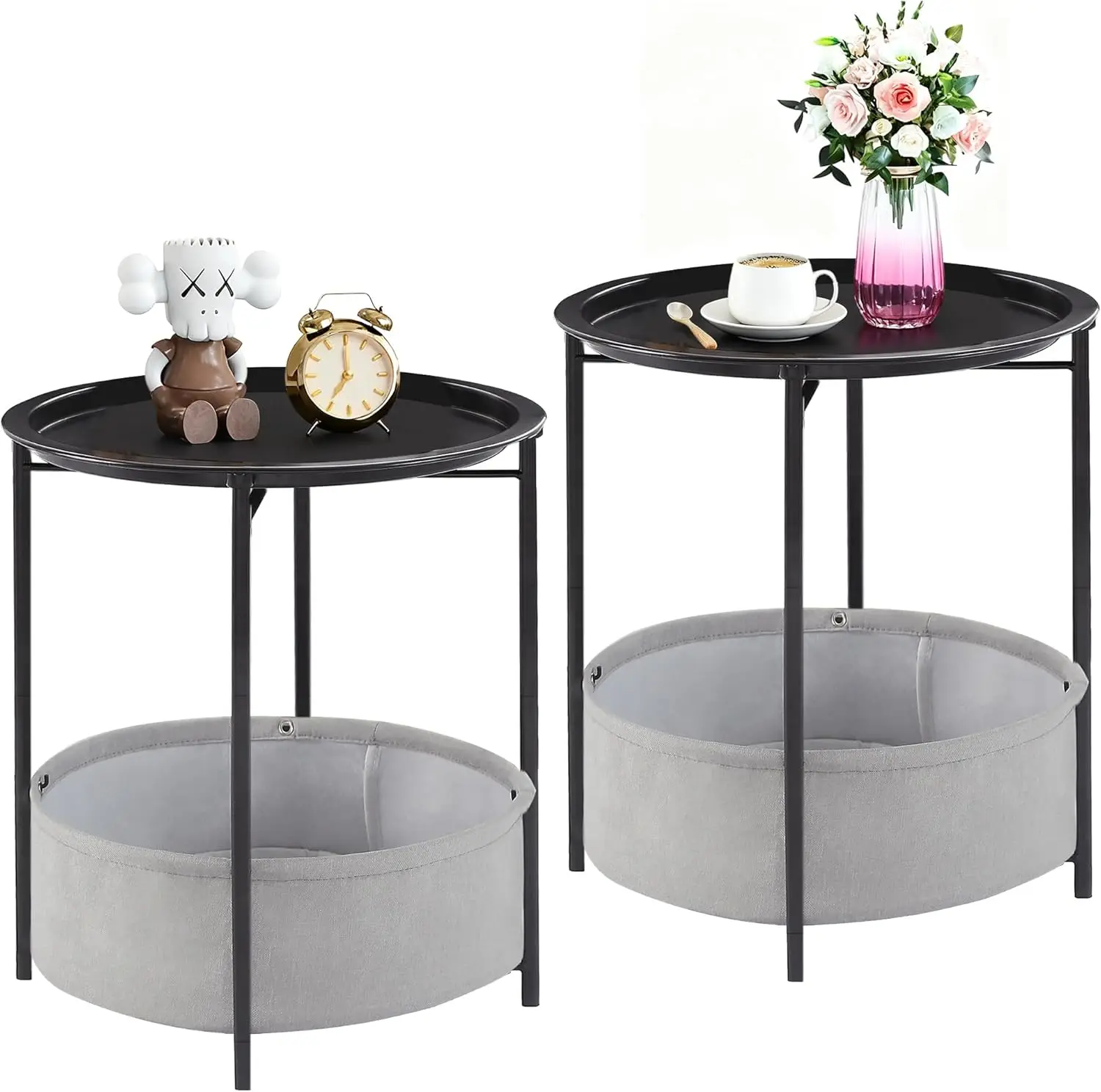 

Круглый приставной столик с тканевой корзиной для хранения, металлическая прикроватная тумбочка со съемным подносом