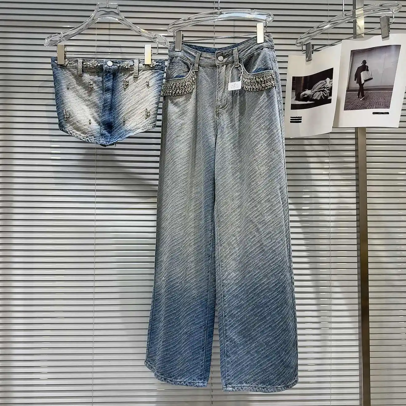 

Summer Rhinestone Denim Set Women Blue Strapless Top Wide Leg Jeans Two-piece Suit Casual Fashion High Street Female Sets