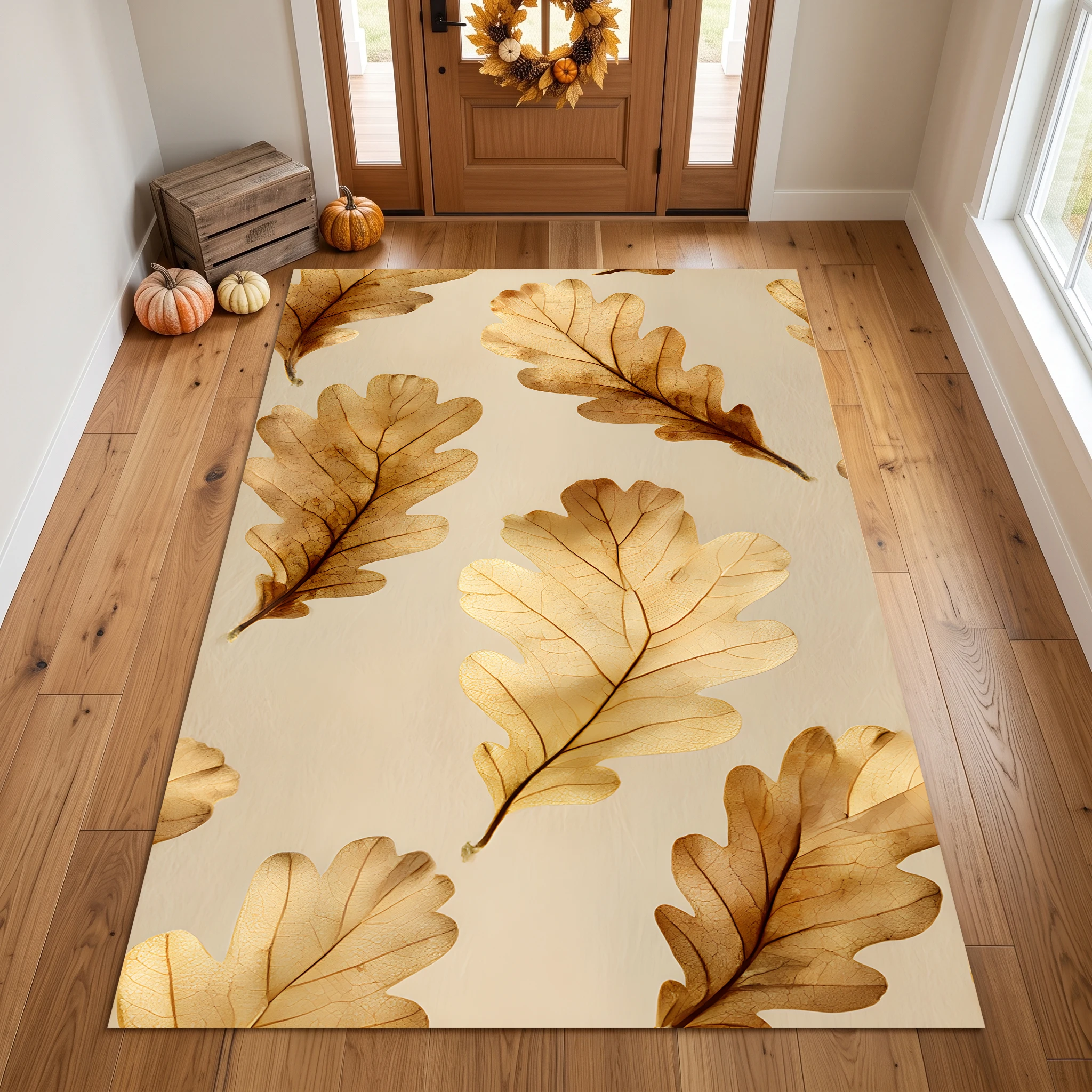 Light Brown Dried Oak Leaf Print, a Natural and Soothing Autumn/Winter Velvet Rug for the Living Room, Bedroom, or Bedside, Creating a Warm Harvest Atmosphere