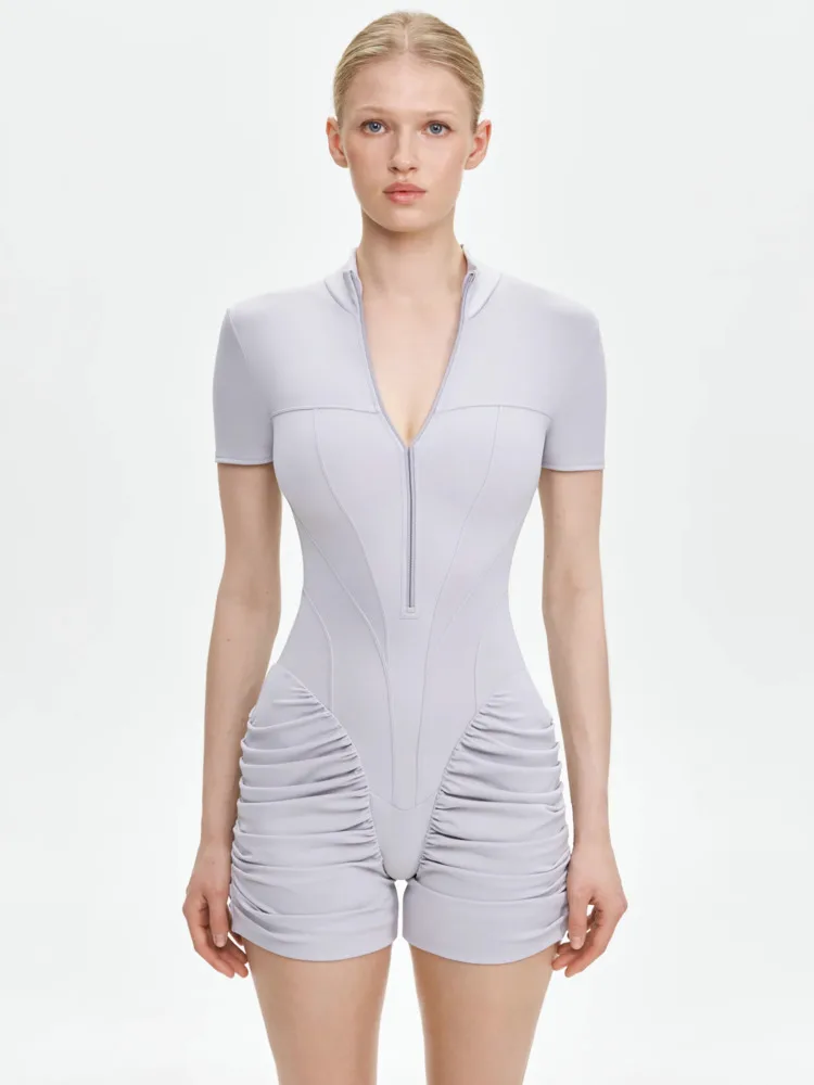 

Oniflyme Fashion Short Sleeve Ruched Bodycon Women Playsuit Sexy V-Neck Zipper Trend Jumpsuit Summer Night Out Party Club Outfit