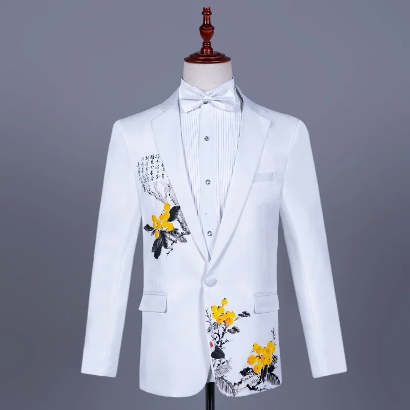 

Chinese Men's White Suit with Ink Print Stage Performance Costume, Fashionable Attire for Singers/hosts, European Size XS-3XL