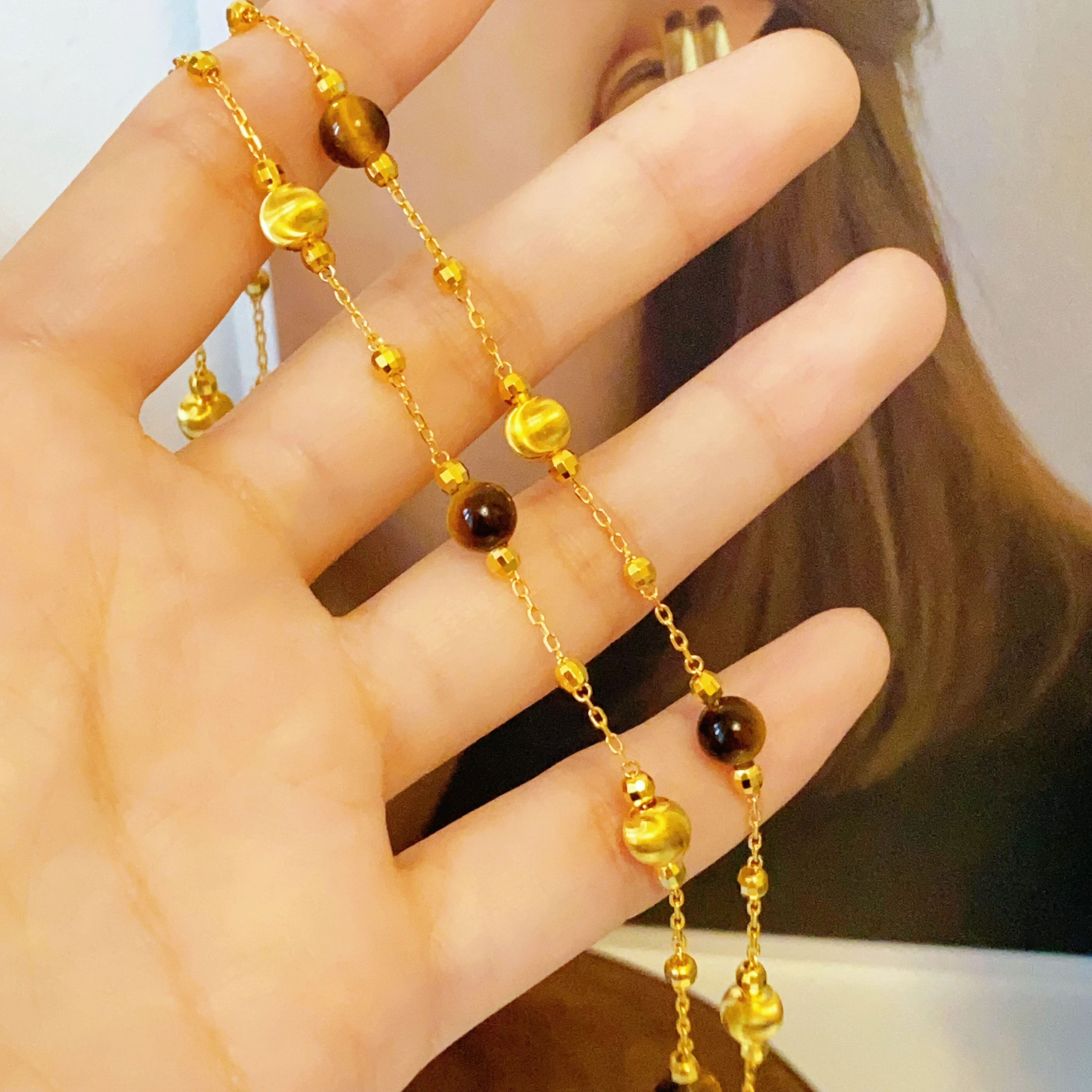 High-Value Gift Multi-Layer Tiger Eye & Cat Eye Bead Necklace For Women 24K Gold AU999, Delicate and full of heart