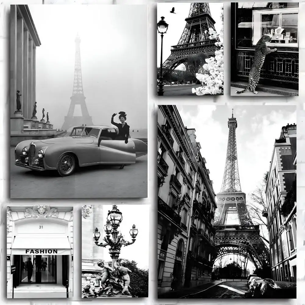 Fashionable Black and White in Paris Retro Architecture Eiffel Tower Poster Art Print Anime Style Home Decor Perfect Room Decor