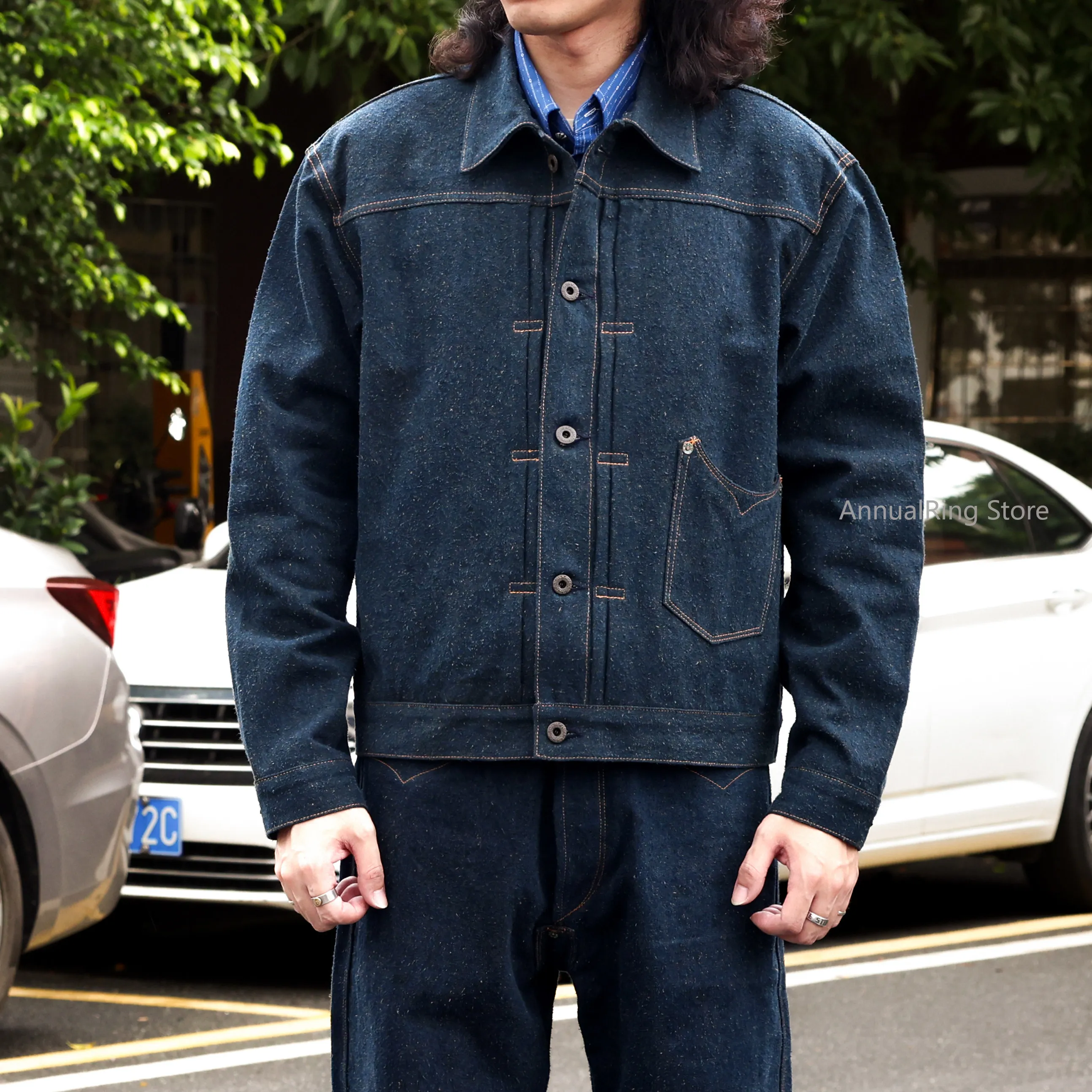 Red Tornado 10th Anniversary Limited Type 1 Denim Jacket, Boro Persimmon Dyed Slant Pocket 16oz Heavyweight Loose Outerwear