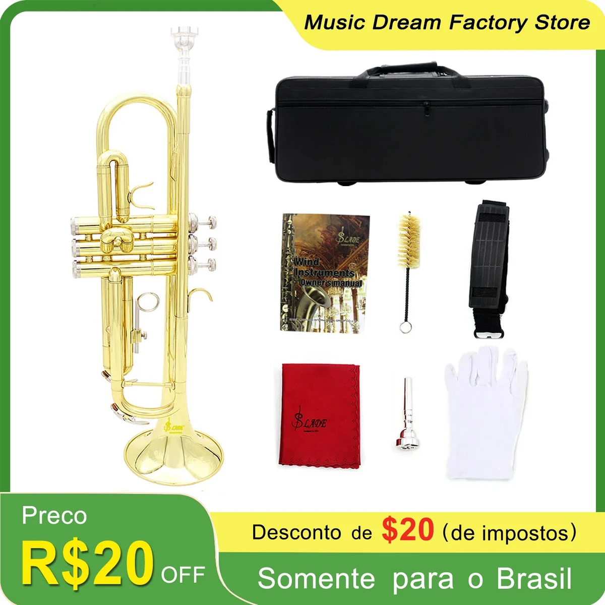 SLADE Brass Trumpet Professional Musical Trompeta Wind Instrument with Mouthpiece Glove Cleaning Cloth Strap Case Best Trumpette