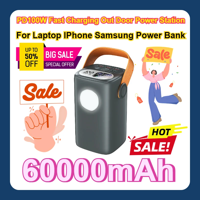 For Laptop IPhone Samsung Power Bank 60000mAh Ultra External Battery Capacity PD100W Fast Charging Out Door Power Station