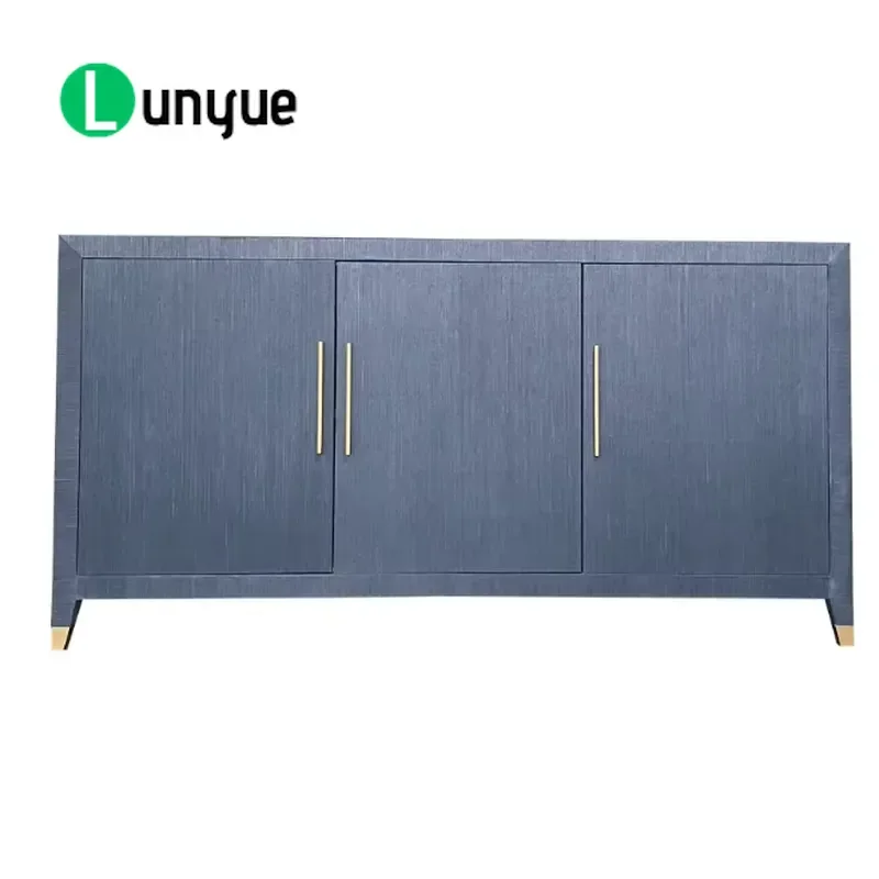 French Style Solid Wood Side Cabinet with Grass Cloth 3 Door Modern Decorative Storage Furniture for Living Room Home Blue