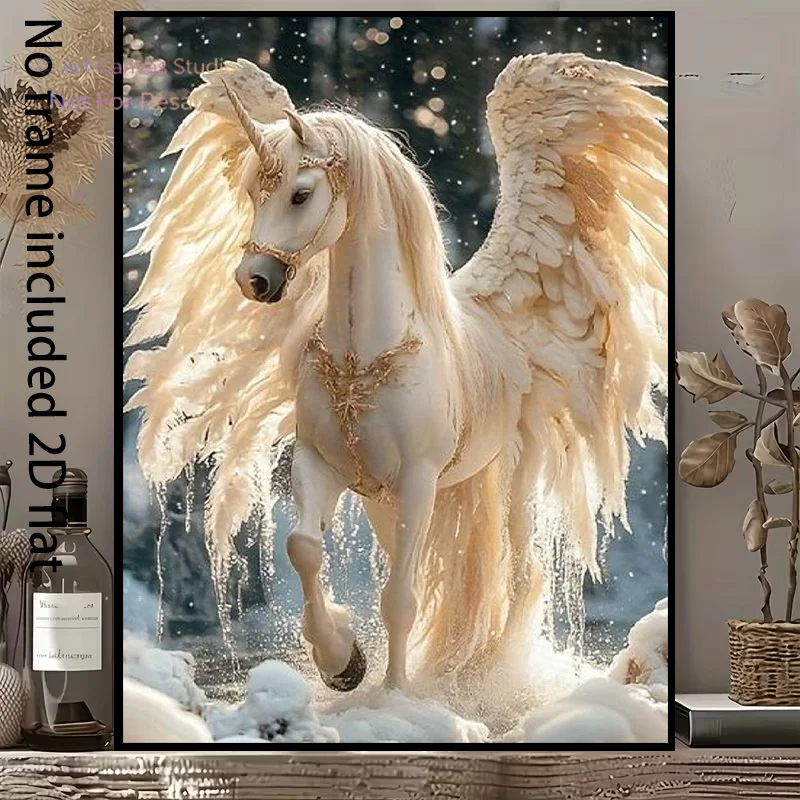 2D Flat, [2D Flat] 1pc Decorative Canvas Art - A Dreamy Unicorn Spreading Its Wings and Flying in the Snow, with Golden Accen
