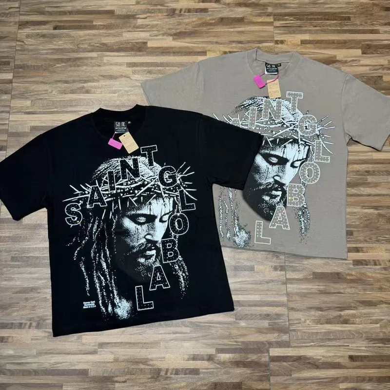 Pink Rhinestone Letter Saint Tshirt Y2K Vintage Graffiti Faded Worn Pixel Thorn Portrait Print Short Sleeve Men Women Streetwear