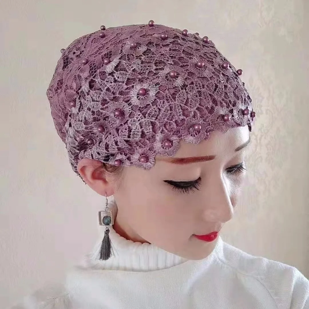 

Fashion Women Beading Foral Lace Turban Cps Breathable Summer Muslim Hats Female Headscarf Bonnet Hair Loss Head Cover Caps