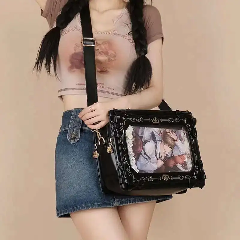 Lolita Women Ita Bag Ctue Girl Transparent Shoulder Bag JK Uniform Subculture Kawaii Bow Crossbody Bag DIY Display Messenger Bag