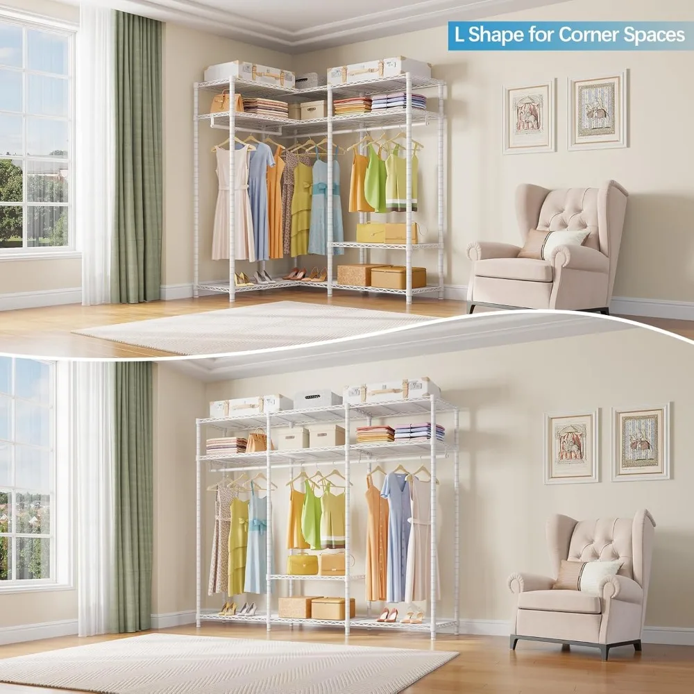 L30 Corner Clothes Rack, L Shaped Heavy Duty Closet System with Adjustable Shelves & Hanging Rods, Freestanding Corner Wardrobe