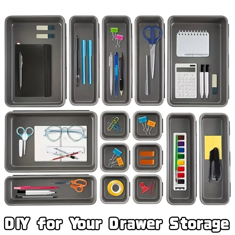 8pcs Stackable Drawer Organizer Set 8-Compartment Desk Dividers Storage Box for Office Bathroom Kitchen Stationery Sorting Tray
