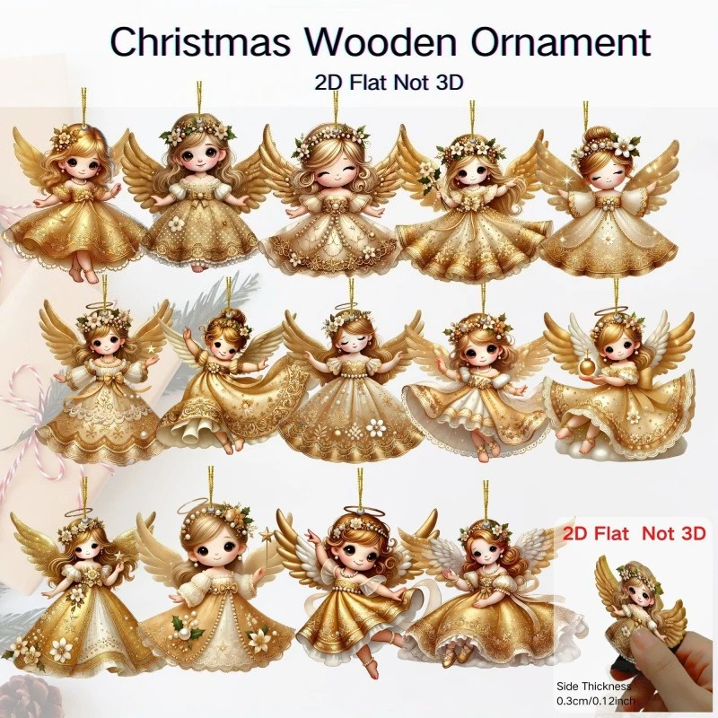 12 قطعة من الحلي المعلقة لعيد الميلاد ثنائية الأبعاد من الملائكة الذهبية الصغيرة لتزيين العطلة صندوق هدايا ديكور شجرة عيد الميلاد