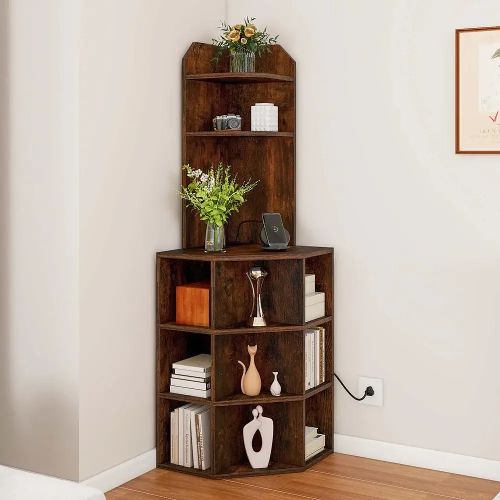 5-Tier Wooden Corner Shelf with USB Ports and Outlets Bookshelf Display Storage Cabinet Bar Modern Industrial Design Brown 12