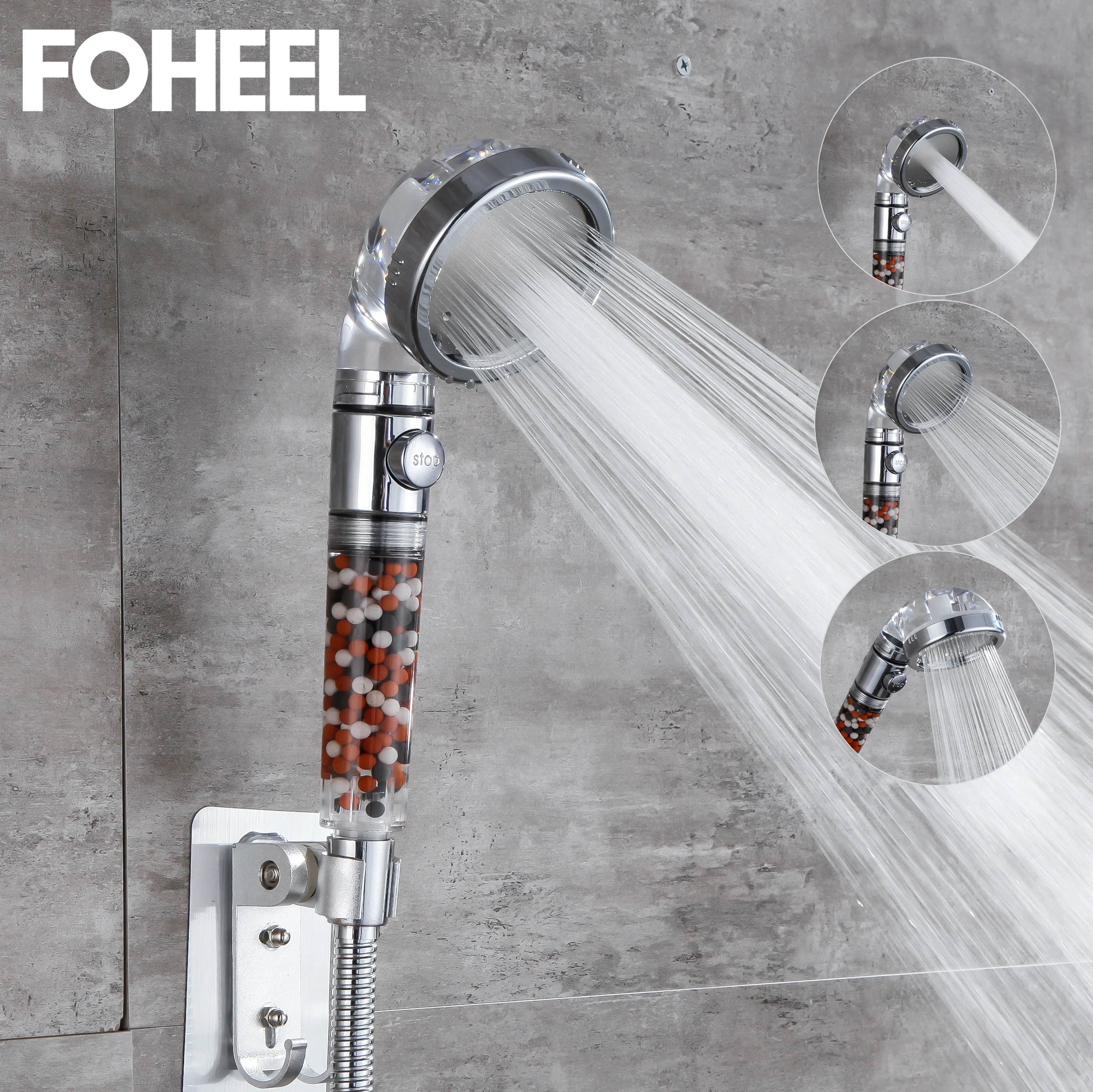 FOHEEL One Button to Stop Shower Head for Bathroom Home Usage Three Modes Water Spraying Function Filtered Bath Accessories