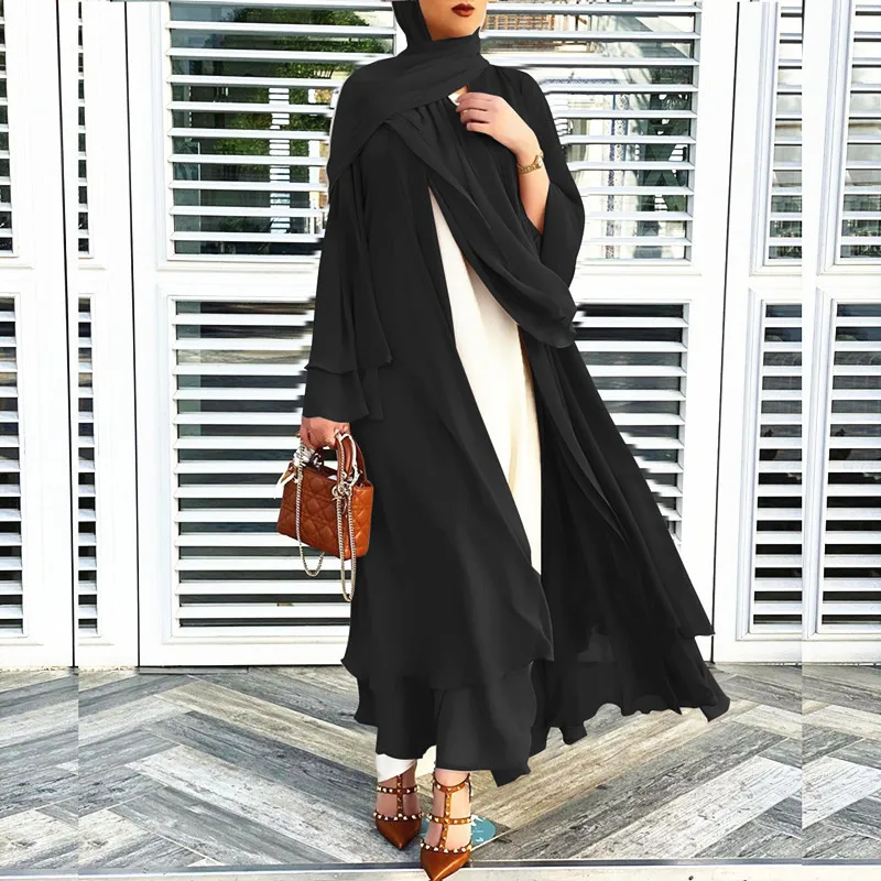 

2023 Autumn New Women's European and American Solid Color Cardigan Muslim Soft and Elegant Chiffon Large Women's Dress