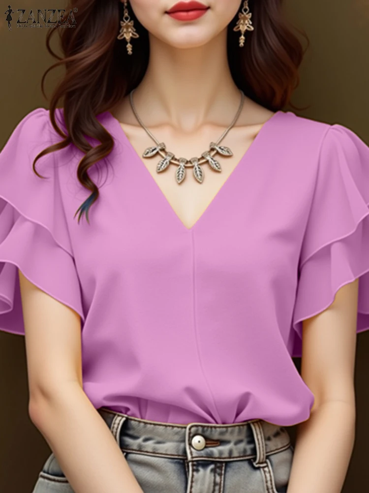 

ZANZEA 2022, элегантные офисные рубашки, женская летняя туника, блузка, модные топы с v-образным вырезом и короткими рукавами с рюшами, однотонные блузки большого размера