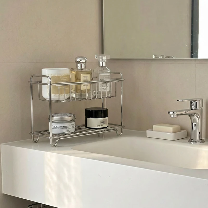 Storage Rack For Bathroom Double Layer Stainless Steel Countertop Organizer Shelf For Perfume Cosmetics Desktop Drainage Racks