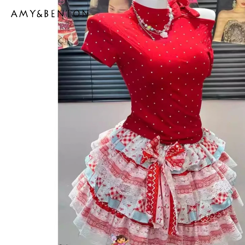 

2026 Summer New Red Polka Dot Short Sleeve Hollow Out Women's Top Original Design Sweet Cool Y2K Cake Short Skirt Set Ladies