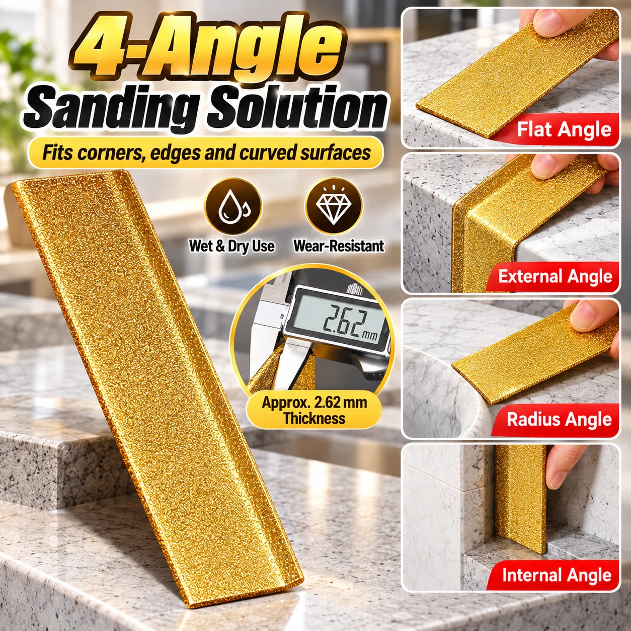 Silicon Carbide Hand Sanding Sheet 4-Angle Polishing Tool for Tile Stone Glass Countertop Edges Wet Dry Use