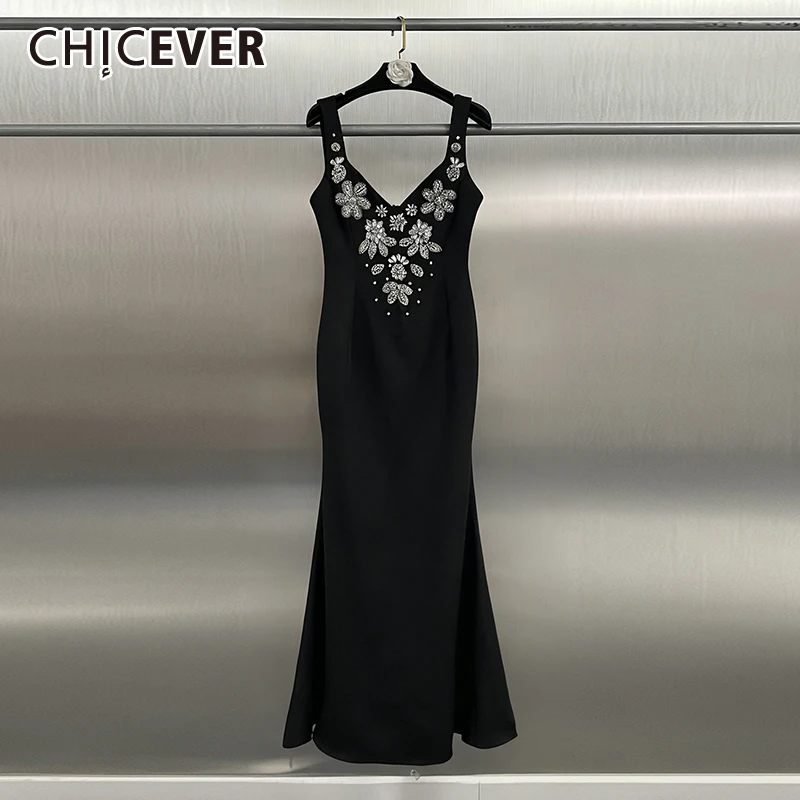 CHICEVER Black Spliced Diamonds Dress Female V Neck Sleeveless Slimming Elegant Intellectual Women's Dresses Summer Fashion New