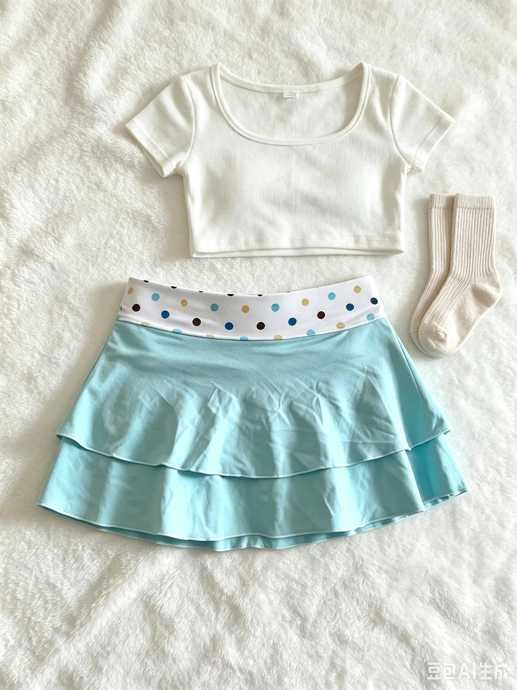 Niedlicher Sommer-Badehose-Rock für Damen mit doppelter Rüsche, Polka-Dot-Taille, hellblau, Mini-Strandrock mit integrierten Shorts – Detail 4