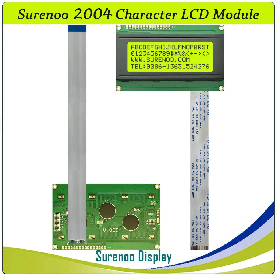 Surenoo 16P/1.0 FFC 204 20X4 2004 STN FSTN Positive Character LCD Module Display Screen LCM w/ White Yellow Green LED Backlight