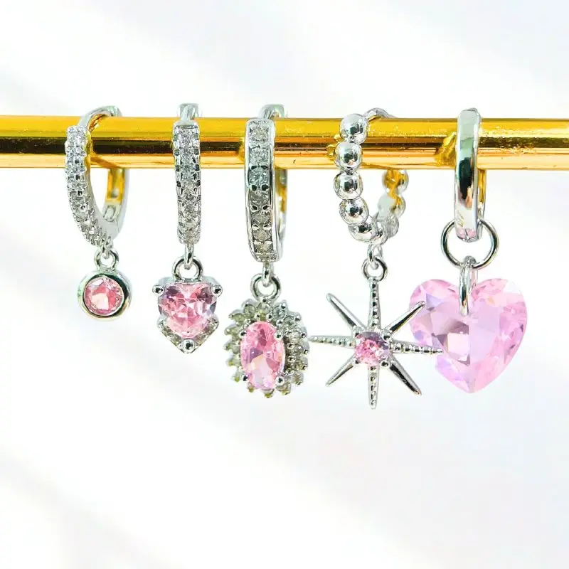 Ohrringe aus 925er-Sterlingsilber, Nadel, rosa Zirkon, Silber, für Damen, luxuriös, rosa Herz-/Blumen-Anhänger, Creolen, Modeschmuck – Detail 2