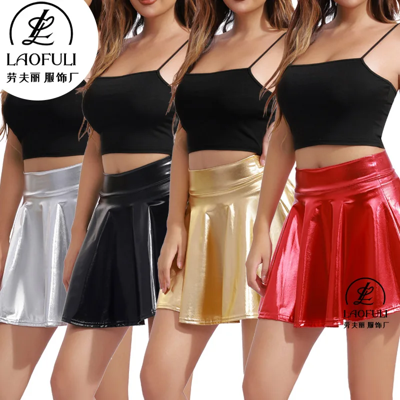 

2026 New European & American Solid Color PU Pleated Umbrella Skirt, Women's Performance Costume for Club & Stage