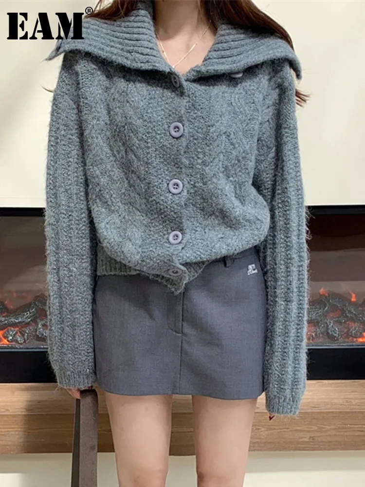 

[EAM] Gray Big Size Elegant Knitting Cardigan Sweater Lapel Long Sleeve Women New Fashion Tide Spring Autumn 2024 1DH7085