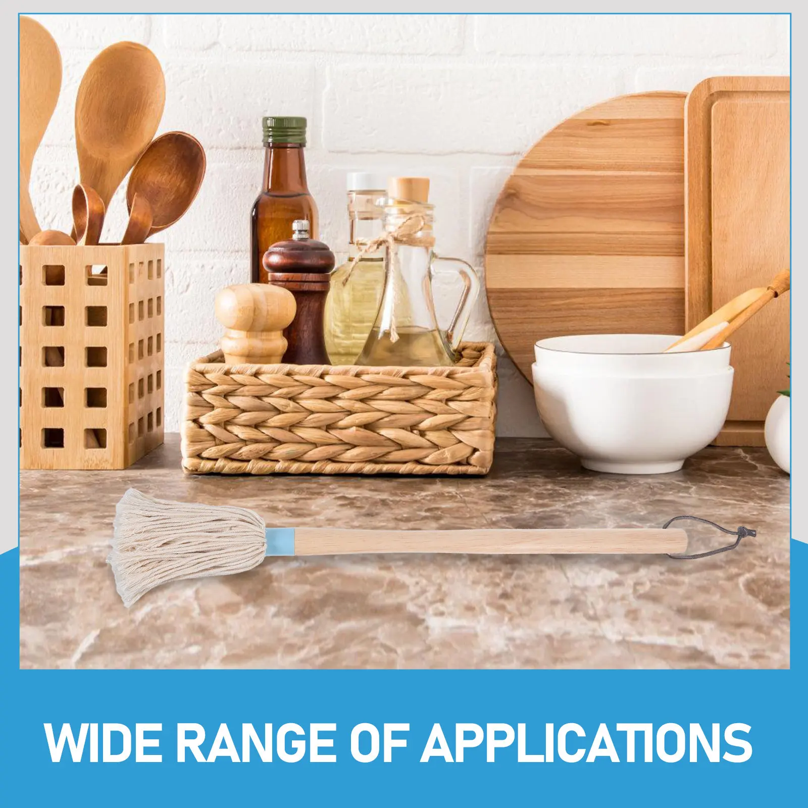 Bbq Sauce Basting Mop Brush Rubberwood Handle Cotton Head High Temperature Resistant Cooking Oil Absorption Grilling Tool