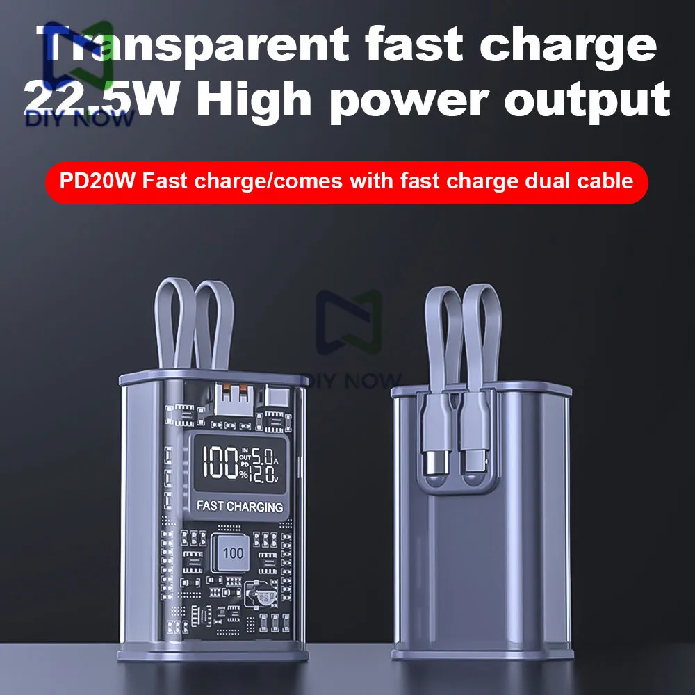 18650/21700 2x Mobile Power Case PD22.5W Fast Charge 10000mA Transparent Case with Cable High Capacity Mobile Power DIY