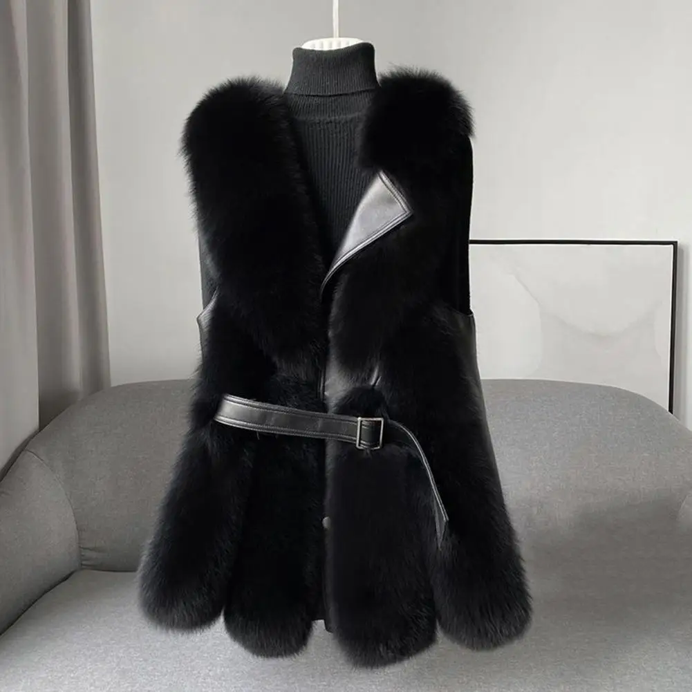 Women Winter Vest Fluffy Faux Fur Women\'s Winter Vest Coat with Button Closure Belt Decor Windproof Warm Waistcoat with Faux