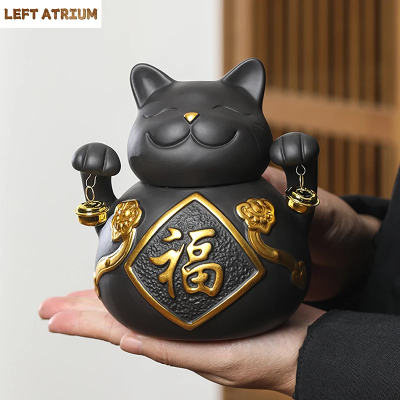 

Purple Clay Tea Can Lucky Cat Abstract Sealed Jar Home Ceramic Candy Nut Coffee Bean Storage Box Table Top Lucky Cat Decoration