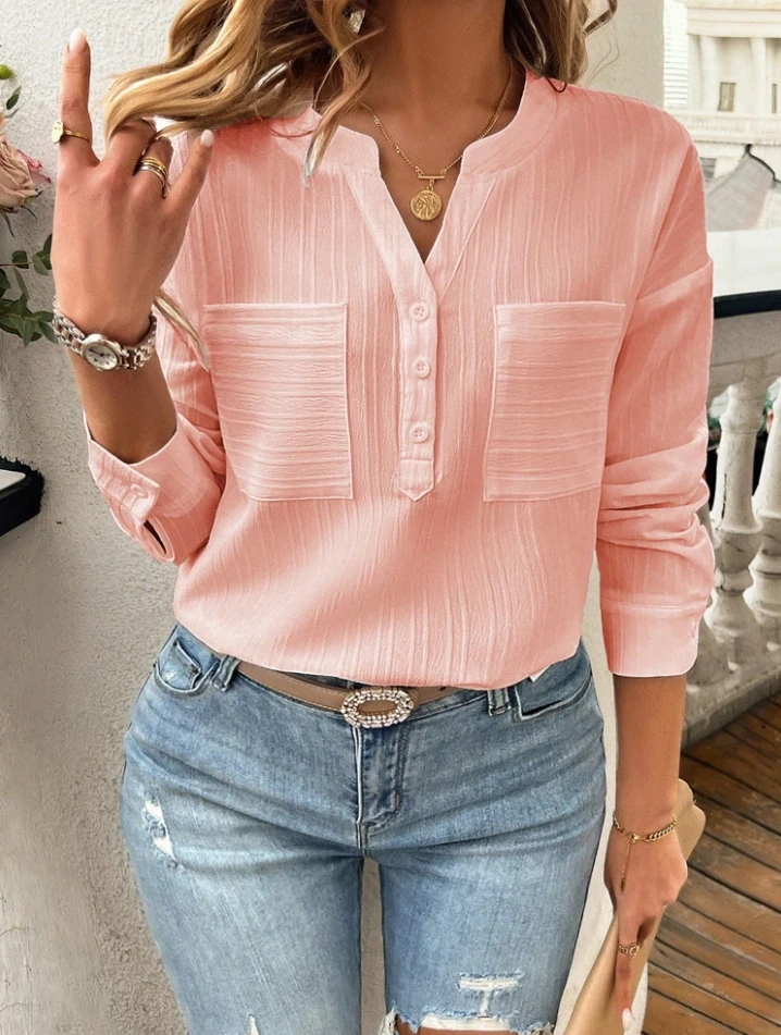 SolidColo Rfashion Casual V-Neck Shirt Pocket Design Striped Texture Commuting Thin Style Pullover LongSleeved Irregular Hem Top