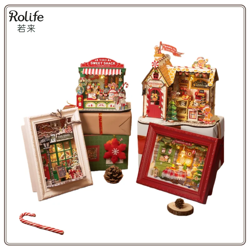 Novo original rolifediy natal doces tenda pequena casa em miniatura montagem artesanal modelo blocos de construção presente ano novo