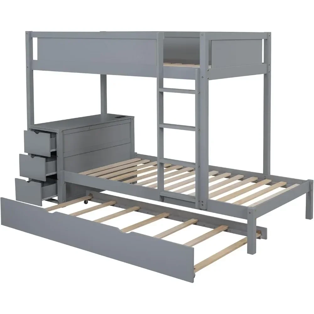 Bunk Bed ,Twin Size Trundle, with USB Ports, Storage and Desk,Twin,Beds Frame,Solid Wood Bunk Beds