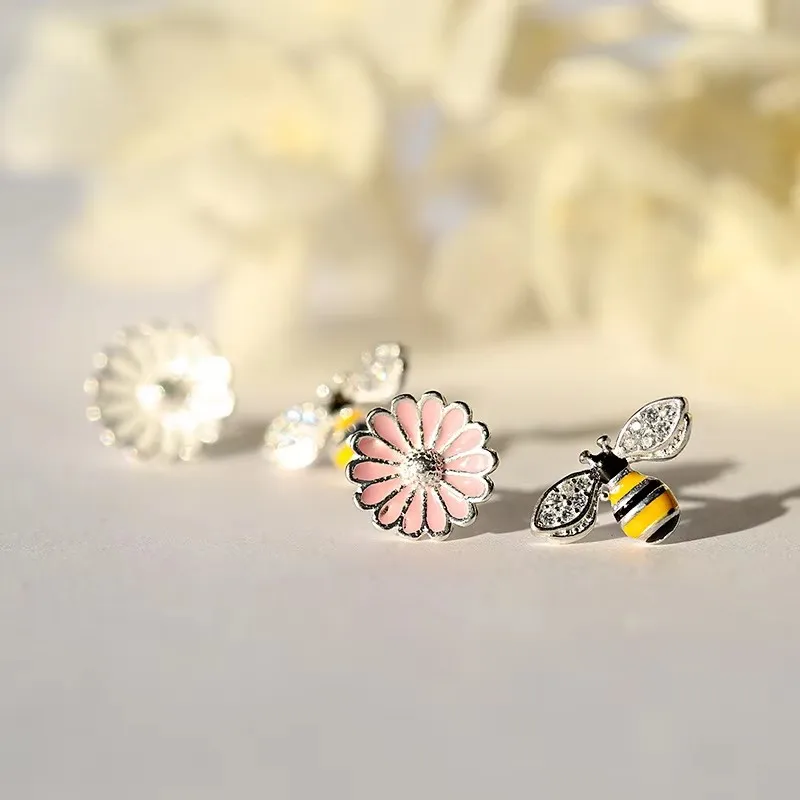 925 Sterling Silber Blumen bienen Ohr stecker für Frauen Geschenk hypo allergen Sterling silber-Schmuck verhindern Allergie – Detail 4