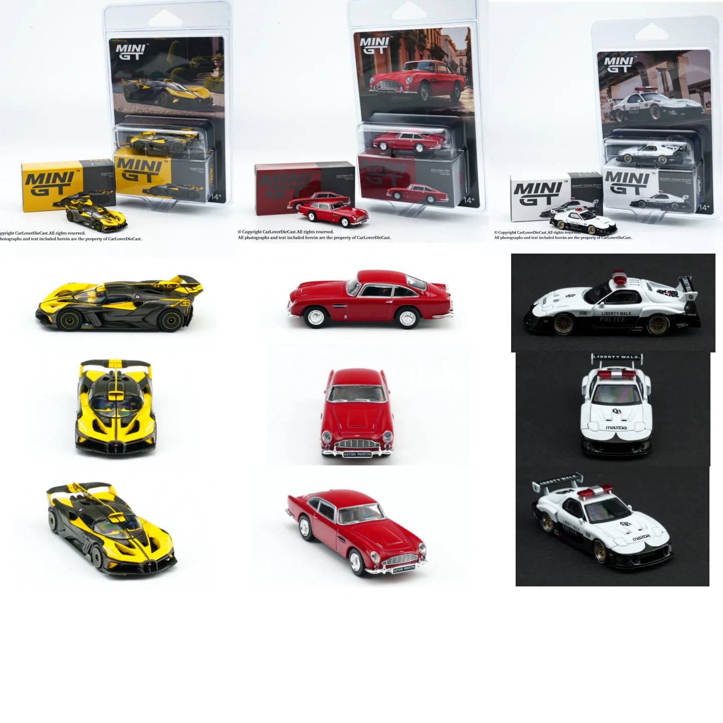 MINIGT 1:64 Mazda RX-7LB - Super Silhouette Police, Bugatti, Aston Martin DB5 Fiesta Red, alloy car Model