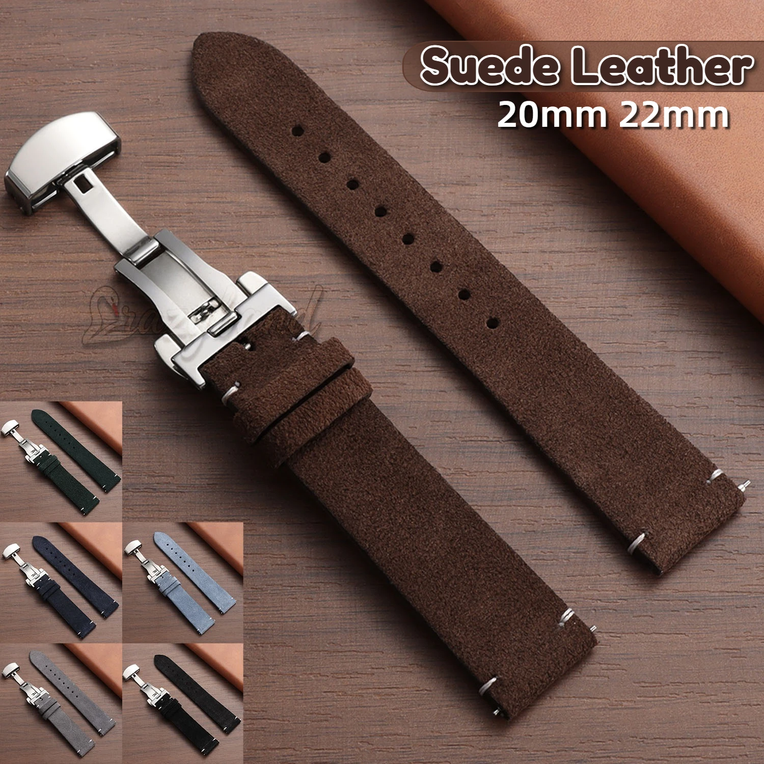 20mm 22mm Suede Leather Watch Strap for Omega for Seiko Brown Universal Vintage Cowhide Band Butterfly Buckle Men Women Bracelet