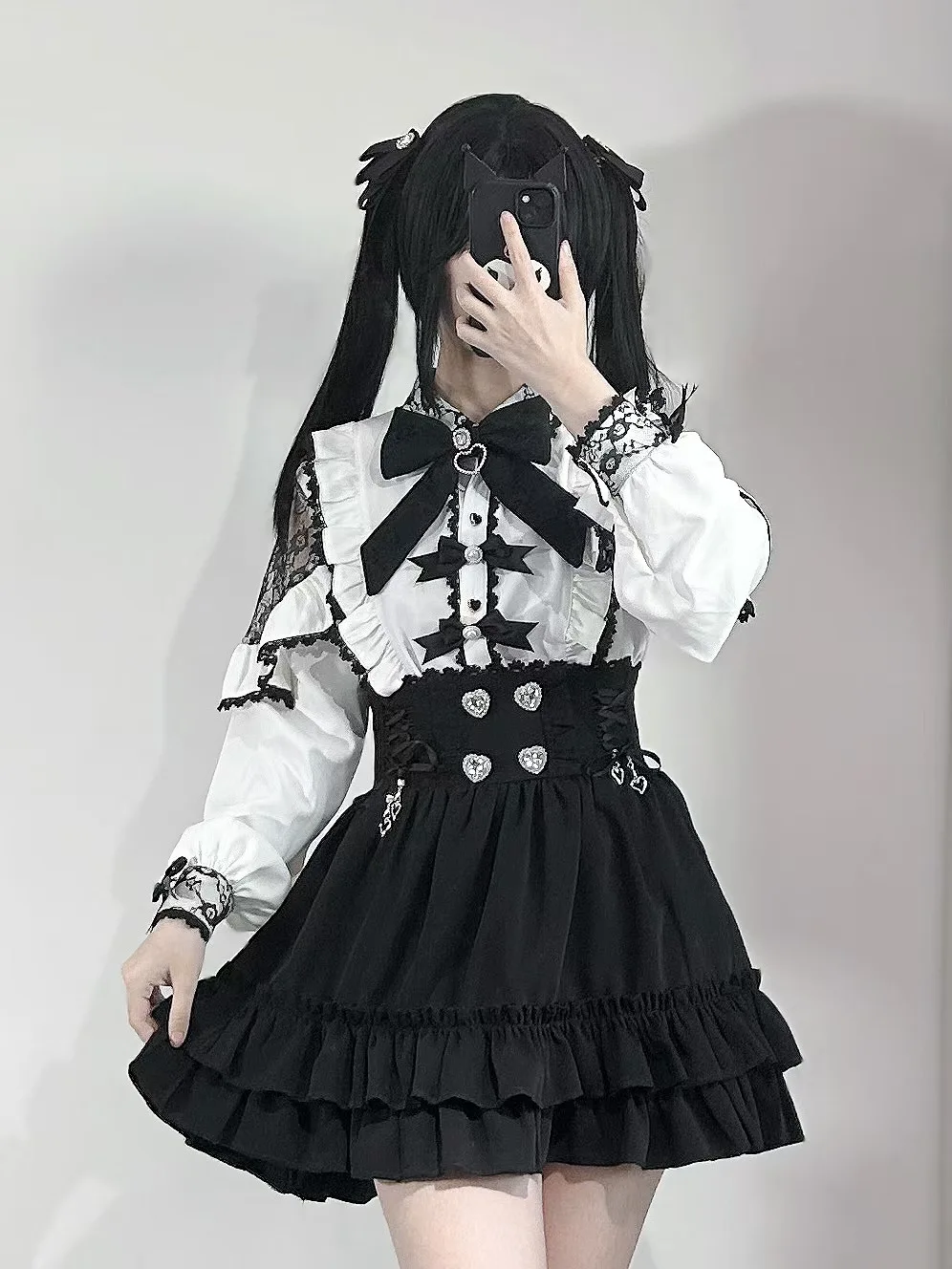 2025 春の新作日本鉱山レーススプライシングかわいい弓長袖シャツハイウエストショートスカート 2 点セット女性のスカートスーツ