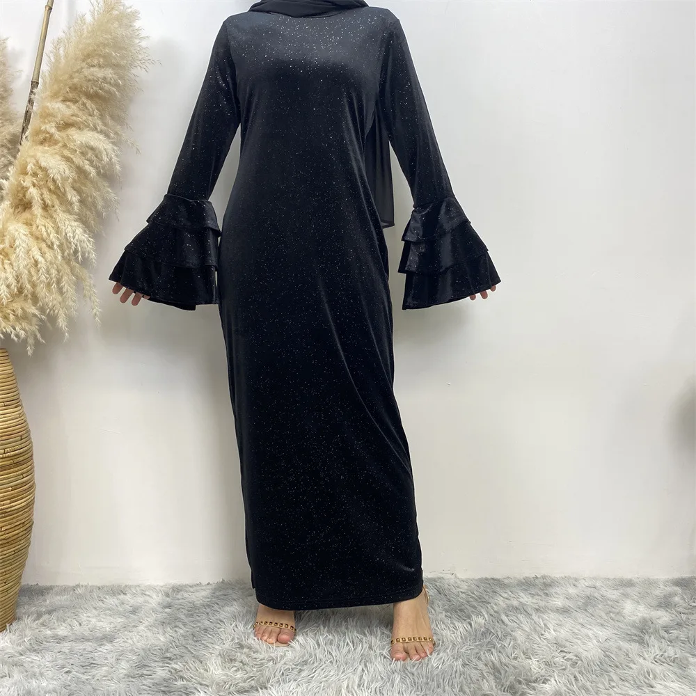 winter and Fashion new item autumn thickened gold velvet trumpet sleeve clean color shiny dress Abaya 6201