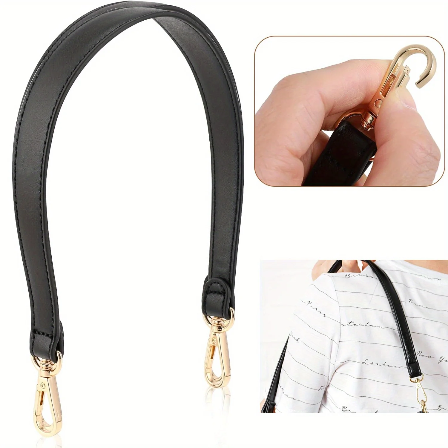 Shoulder Bag Strap Black Leather Purse Strap Leather Purse Handle 19 Inch Shoulder Bag Straps Replacement with Swivel Clasps