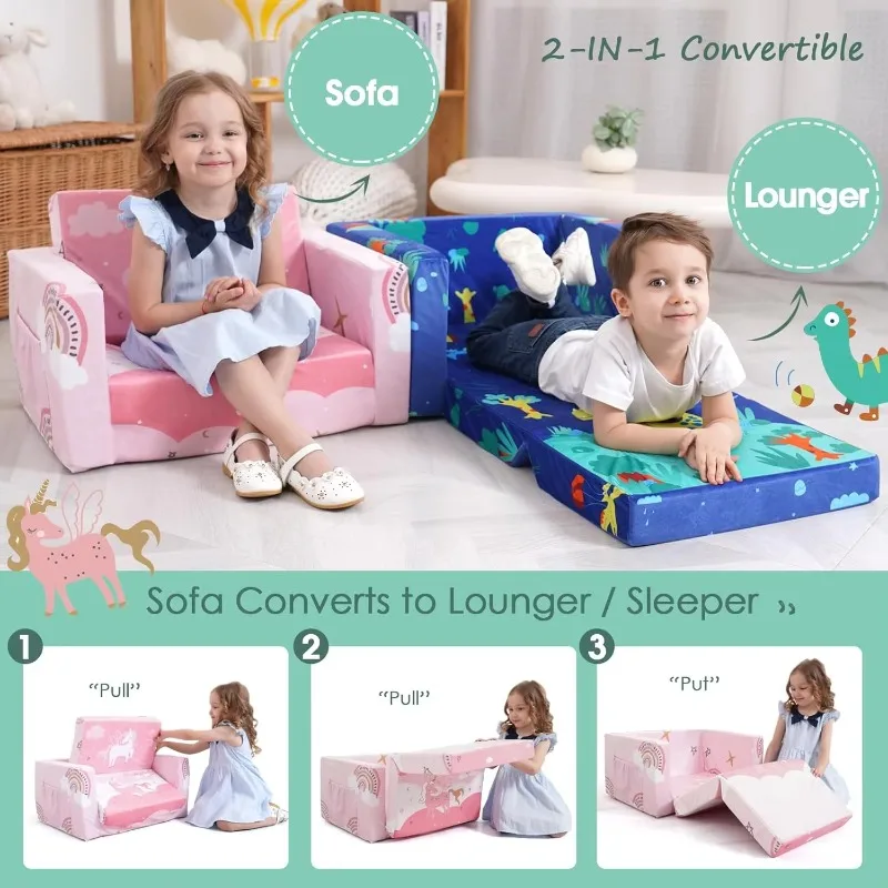 Kids Couch: Toddler Sofa Bed Fold Out for Gilrs Boys Baby Flip Out Convertible Lounge Chair Unicorn