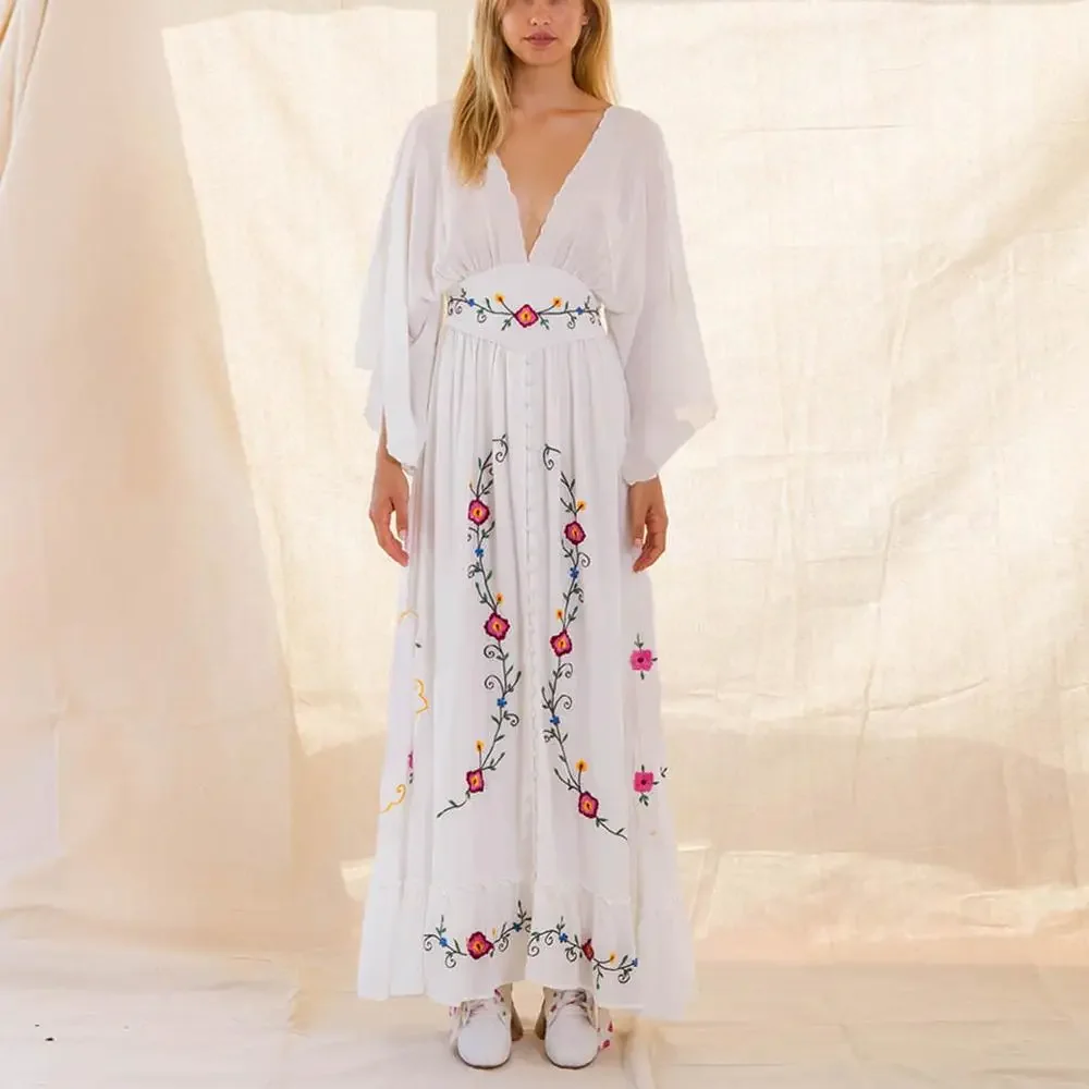 Flare Long Sleeve Deep V-neck Maxi Dresses Women Vintage Cotton Rayon Embroidered White Autumn Vestidos Casual Boho Long Robe