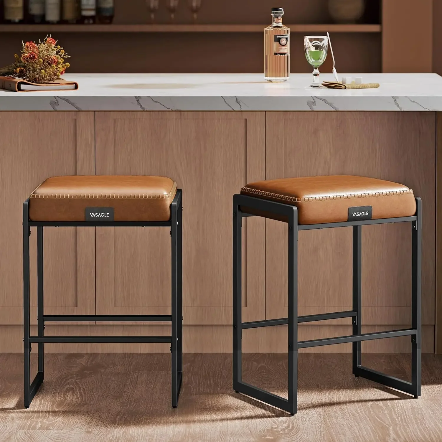 Collection - Bar Stools Set of 2, Counter Height Bar Stools, Synthetic Leather with Stitching, Mid-Century Modern